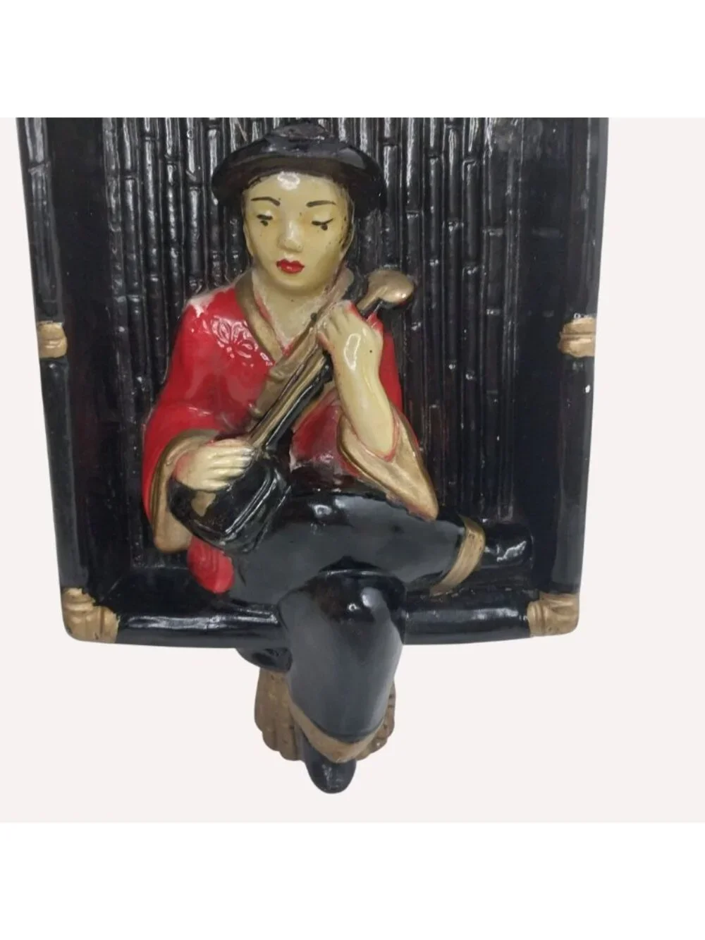 Chalkware Wall Plaque Guitar Player Asian-Inspired Wall Hanging Mid Century